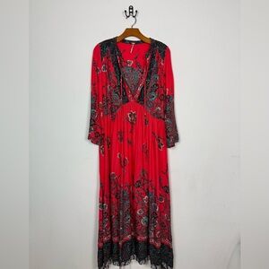 Free People If You Only Knew Maxi Dress V Neck Red 3/4 Sleeve Boho Sz Small
